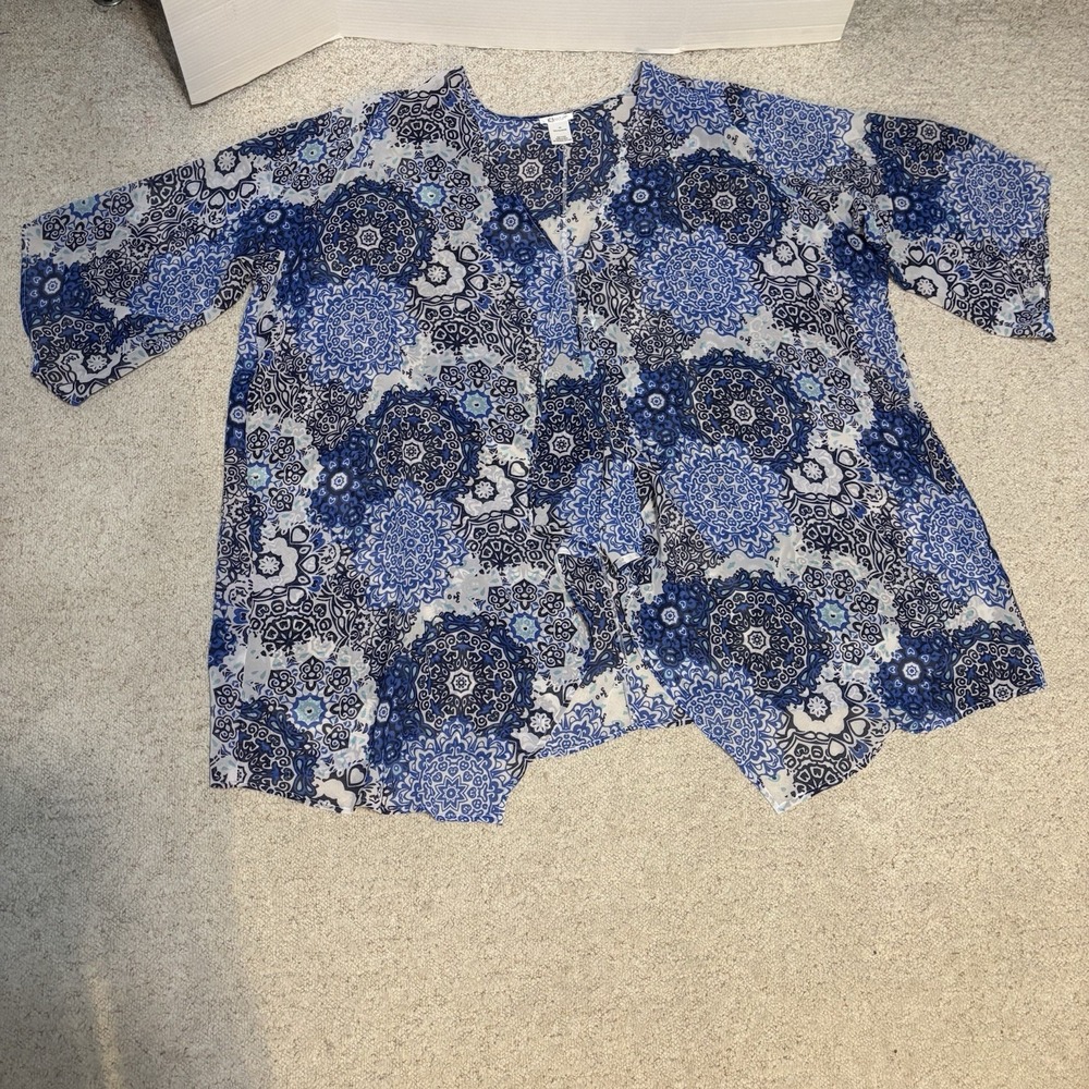 K. Jordan Boho Blue Patterned Kimono Tunic Sheer Cover Up Festival Beach Pool 5X - Picture 3 of 7